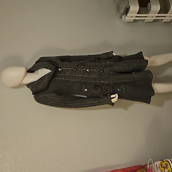 VTG FORLA PARIS 1990s Wool Fur Trim Rosette Longline Sweater Cardigan - Picture 2 of 14